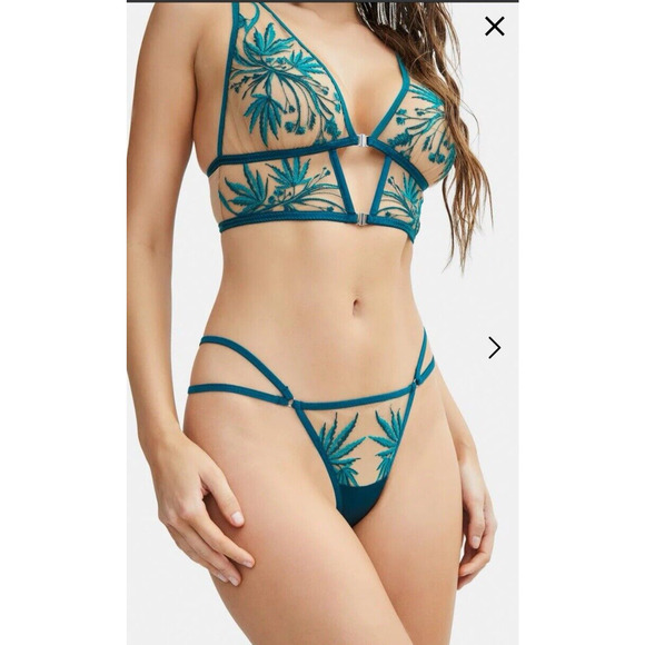 Thistle And Spire Brooklyn Haze Thong Sheer Floral Emerald Biscotti Green 2X NWT - Picture 2 of 7